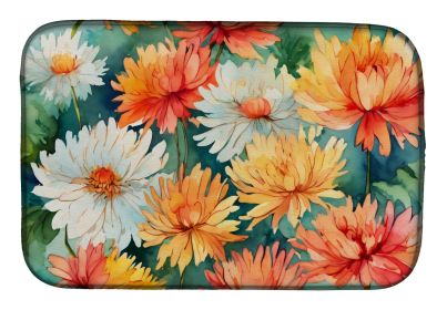 Chrysanthemums in Watercolor Dish Drying Mat Absorbent Dish Drying Mat Pad for Kitchen Counter Dish Drainer Mat for Countertop, 14 x 21", Multicolor